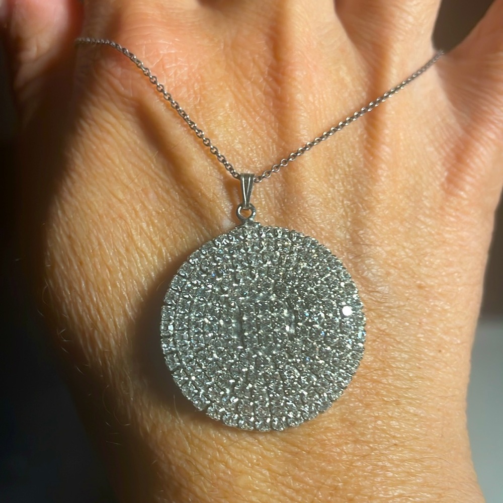Vintage Round Swarovski crystal pave pendant. Silver chain & clasp.